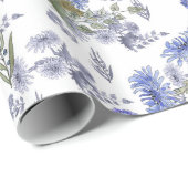 Waterverf blauwe rozen bloemen veren wit cadeaupapier (Rol Hoek)