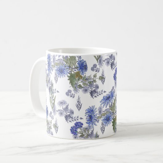 Waterverf blauwe rozen bloemen veren wit koffiemok (Voorkant links)
