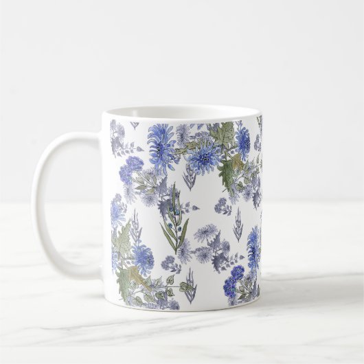 Waterverf blauwe rozen bloemen veren wit koffiemok (Links)