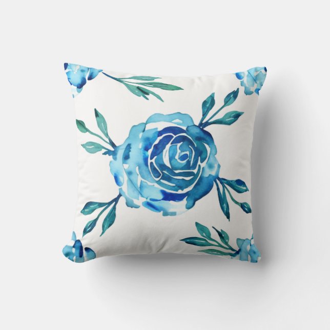 Waterverf Blauwe Rozen en Blauw Kussen (Voorkant)