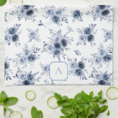 Waterverf Blauwe Rozen Met Monogram Theedoek (Gevouwen)