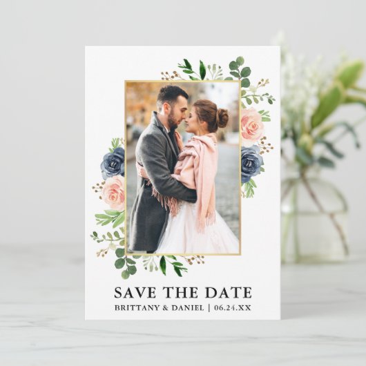 Waterverf blauwe Rozen opslaan Datum Kaart (Staand voorkant)