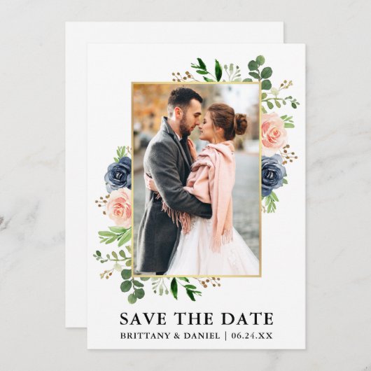 Waterverf blauwe Rozen opslaan Datum Kaart (Voorkant / Achterkant)