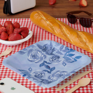 Waterverf Blauwe Rozen Papieren Bordje