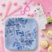 Waterverf Blauwe Rozen Papieren Bordje (Feest)
