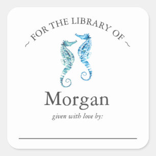 Waterverf Blauwe Seahorses Bookplate Vierkante Sticker