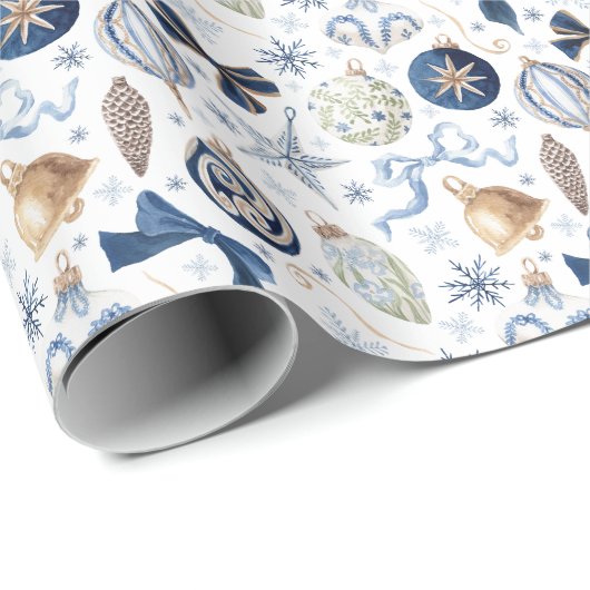 Waterverf Blauwe Sieraden Kerst Cadeaupapier (Rol Hoek)