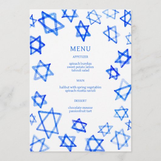 Waterverf Blauwe Ster van David Bar Bat Mitswa Menu (Voorkant)