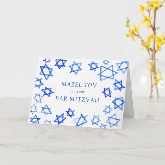 Waterverf Blauwe Sterren MAZEL TOV Bar Mitzvah Kaart (Gele Bloem)