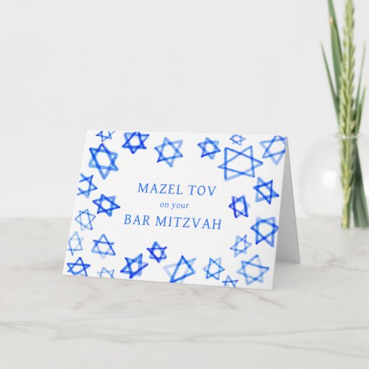 Waterverf Blauwe Sterren MAZEL TOV Bar Mitzvah Kaart (Voorkant)