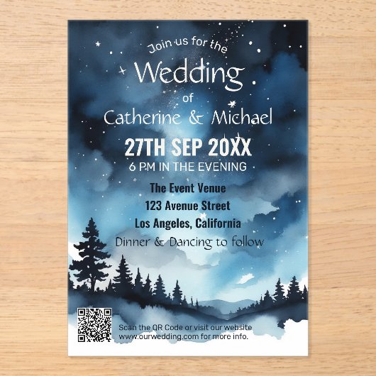 Waterverf Blauwe Sterrennacht Sky Celestial Bruilo Acryl Uitnodigingen (Voorkant)