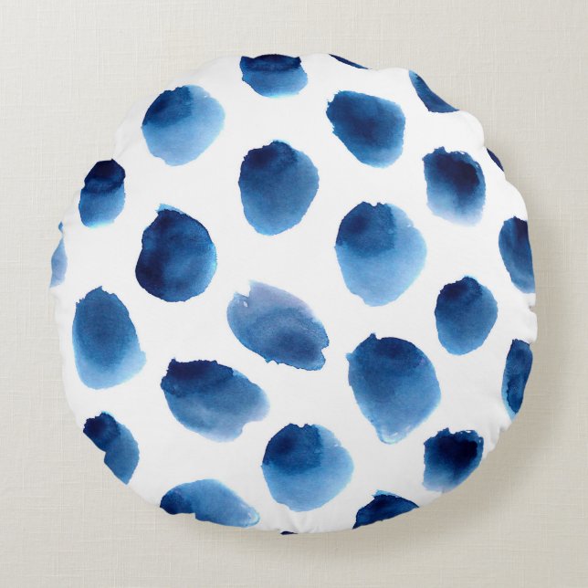 Waterverf Blauwe Stippen: Hand geschilderd Naadloo Rond Kussen (Voorkant)