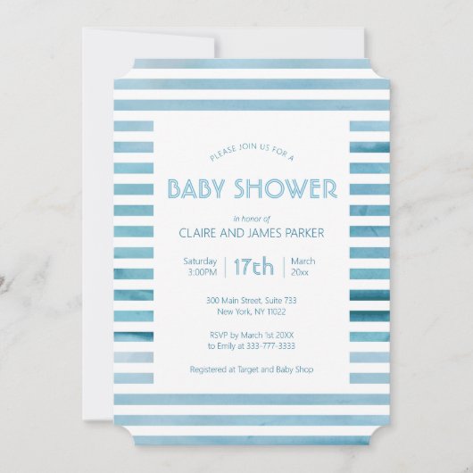 Waterverf Blauwe strepen Eenvoudig Baby shower Kaart (Voorkant)
