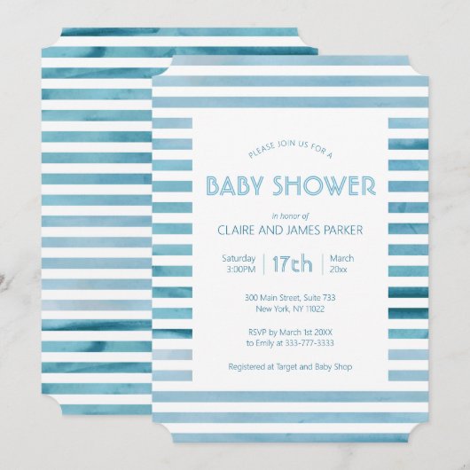 Waterverf Blauwe strepen Eenvoudig Baby shower Kaart (Voorkant / Achterkant)