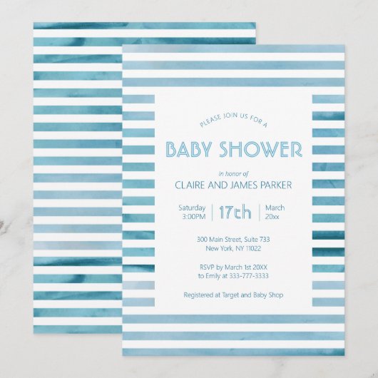 Waterverf Blauwe strepen Eenvoudig Baby shower Kaart (Voorkant / Achterkant)