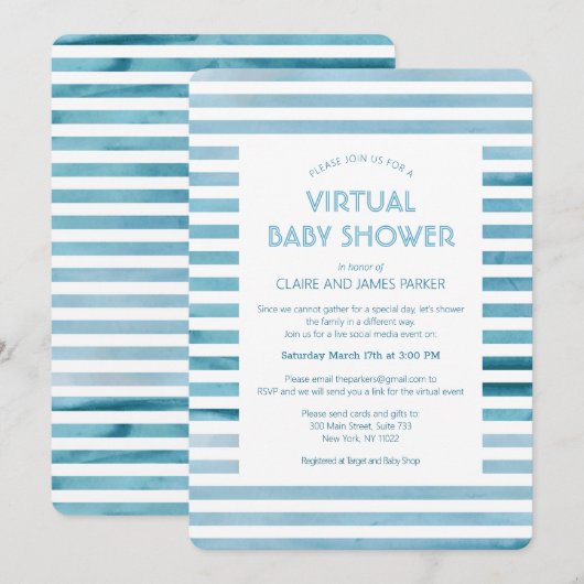 Waterverf Blauwe Stripes Virtueel Baby shower Kaart (Voorkant / Achterkant)