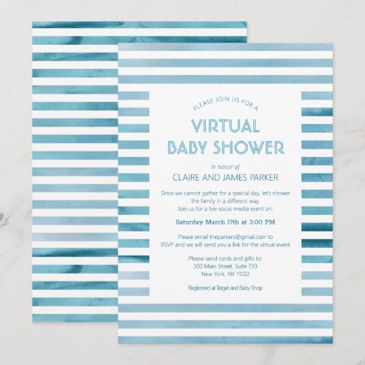 Waterverf Blauwe Stripes Virtueel Baby shower Kaart (Voorkant / Achterkant)