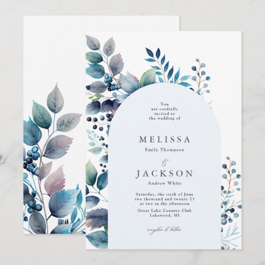 Waterverf Blauwe takken en bessen Wedding Invi Kaart (Voorkant / Achterkant)