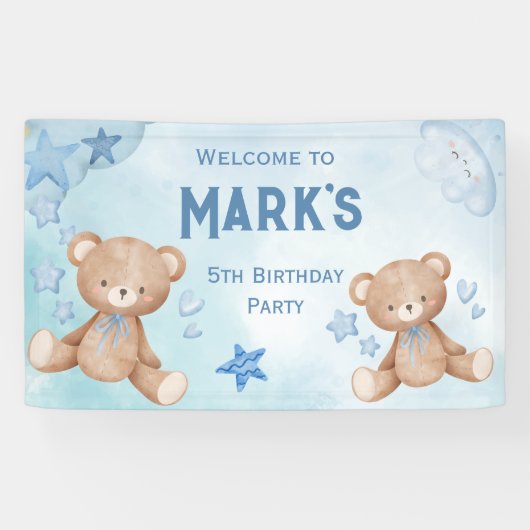 waterverf Blauwe teddybeer kinder welkom Spandoek (Horizontaal)