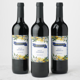 Waterverf Blauwe Tegel Lemons Limocello  Wijn Etiket
