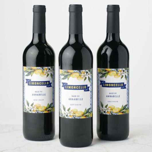 Waterverf Blauwe Tegel Lemons Limocello Wijn Etiket (Flessen)