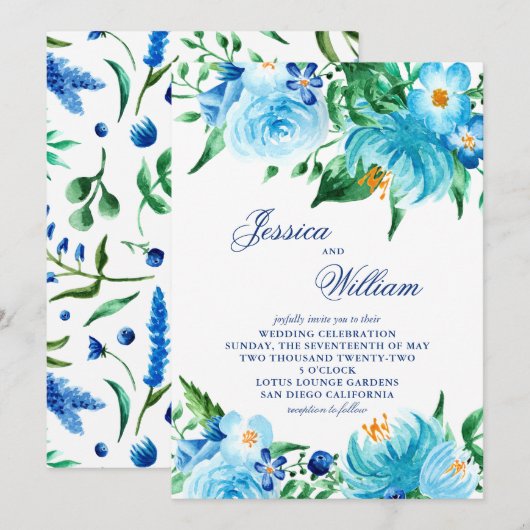 Waterverf Blauwe tinten Bloemenbruiloft Kaart (Voorkant / Achterkant)