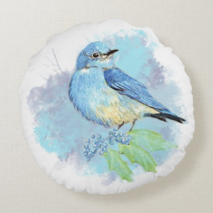 Waterverf blauwe tuin vogelkunst rond kussen