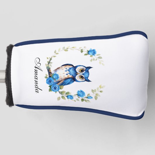 Waterverf Blauwe Uil en Rozen Girly Golfheadcover (Voorkant)