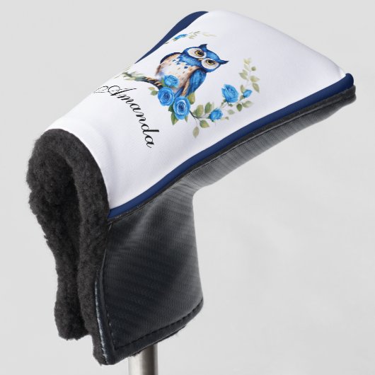 Waterverf Blauwe Uil en Rozen Girly Golfheadcover (3/4 voorkant)