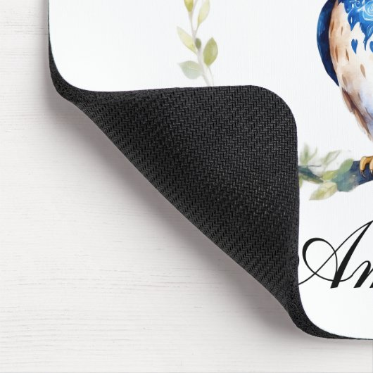 Waterverf Blauwe Uil en Rozen Girly Muismat (Hoek)