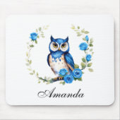 Waterverf Blauwe Uil en Rozen Girly Muismat (Voorkant)