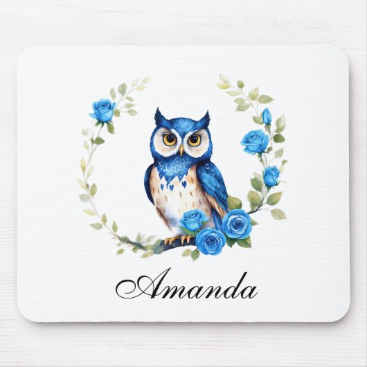 Waterverf Blauwe Uil en Rozen Girly Muismat (Voorkant)