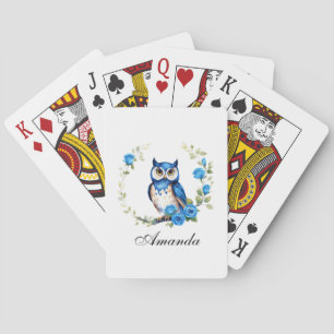 Waterverf Blauwe Uil en Rozen Girly Pokerkaarten