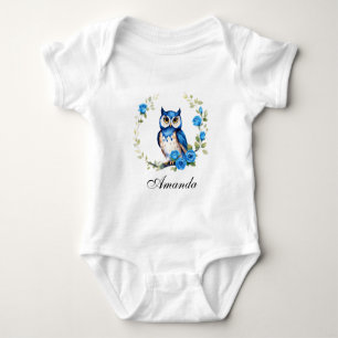 Waterverf Blauwe Uil en Rozen Meisjesachtig Romper