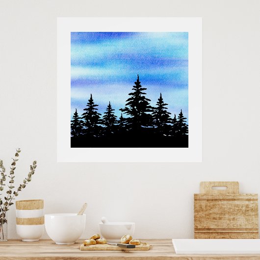 Waterverf Blauwe Violet Sky & Trees Silhouette Poster (Keuken)