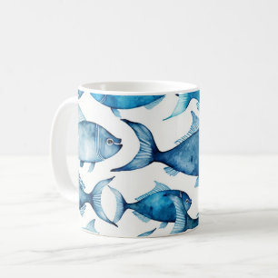 Waterverf blauwe vis. nautisch strandpatroon koffiemok