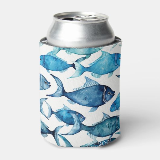 Waterverf blauwe vis | Ocean Coastal Drink Sleeve Blikjeskoeler (Blikje Voorkant)