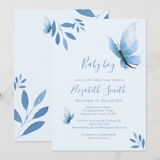 Waterverf blauwe vlinder bloemige babyshower kaart (Voorkant / Achterkant)
