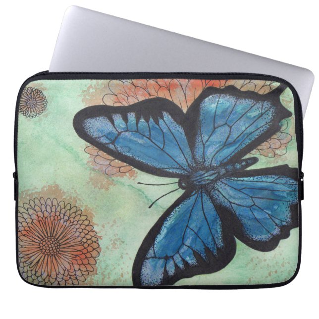 Waterverf blauwe vlinder laptop sleeve (Voorkant)