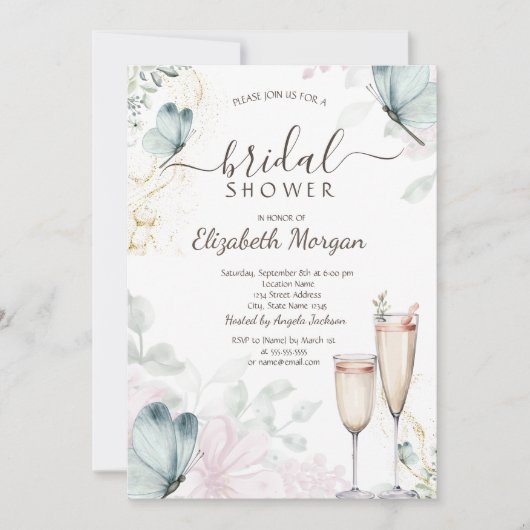 Waterverf Blauwe Vlinders Champagneglas Kaart (Voorkant)