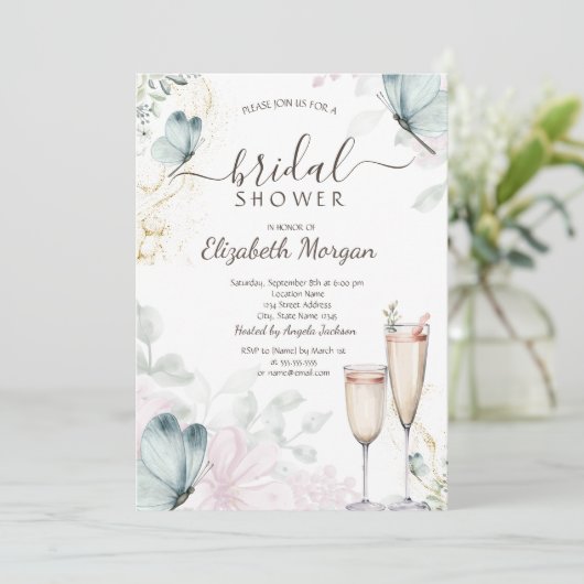 Waterverf Blauwe Vlinders Champagneglas Kaart (Staand voorkant)