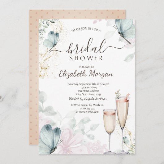 Waterverf Blauwe Vlinders Champagneglas Kaart (Voorkant / Achterkant)