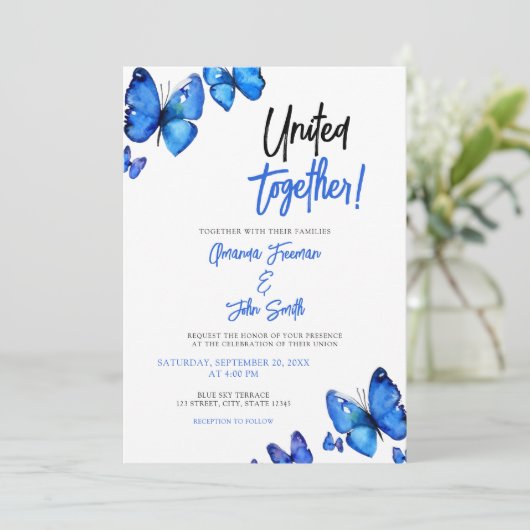 Waterverf blauwe vlinders chique bruiloft kaart (Staand voorkant)