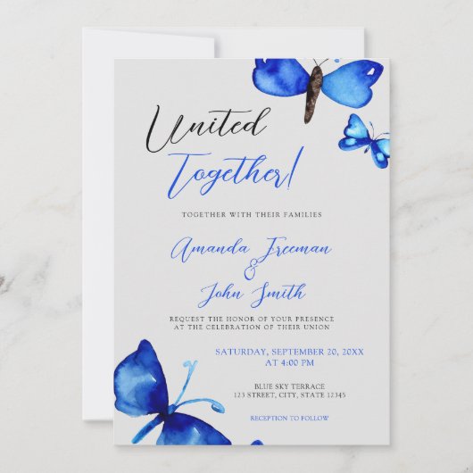 Waterverf Blauwe Vlinders Levendige Bruiloft Kaart (Voorkant)