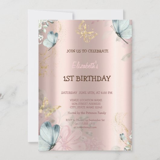 Waterverf Blauwe Vlinders Roos Gouden Verjaardag Kaart (Voorkant)