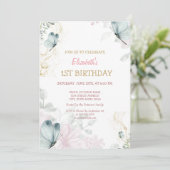 Waterverf Blauwe Vlinders Roze Streep Verjaardag Kaart (Staand voorkant)