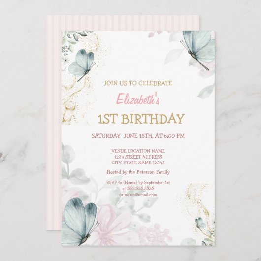 Waterverf Blauwe Vlinders Roze Streep Verjaardag Kaart (Voorkant / Achterkant)