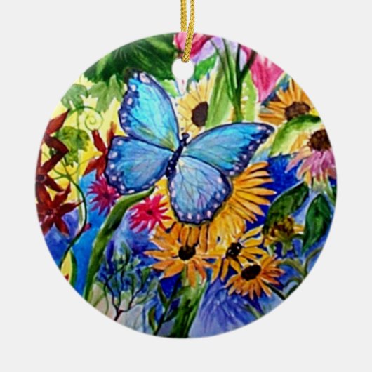 Waterverf blauwe vlindertuin keramisch ornament (Voorkant)