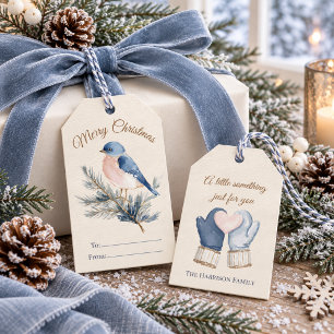 Waterverf Blauwe Vogel Dennenkabouter Cadeaulabel