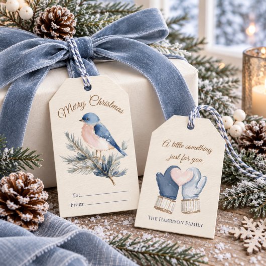 Waterverf Blauwe Vogel Dennenkabouter Cadeaulabel